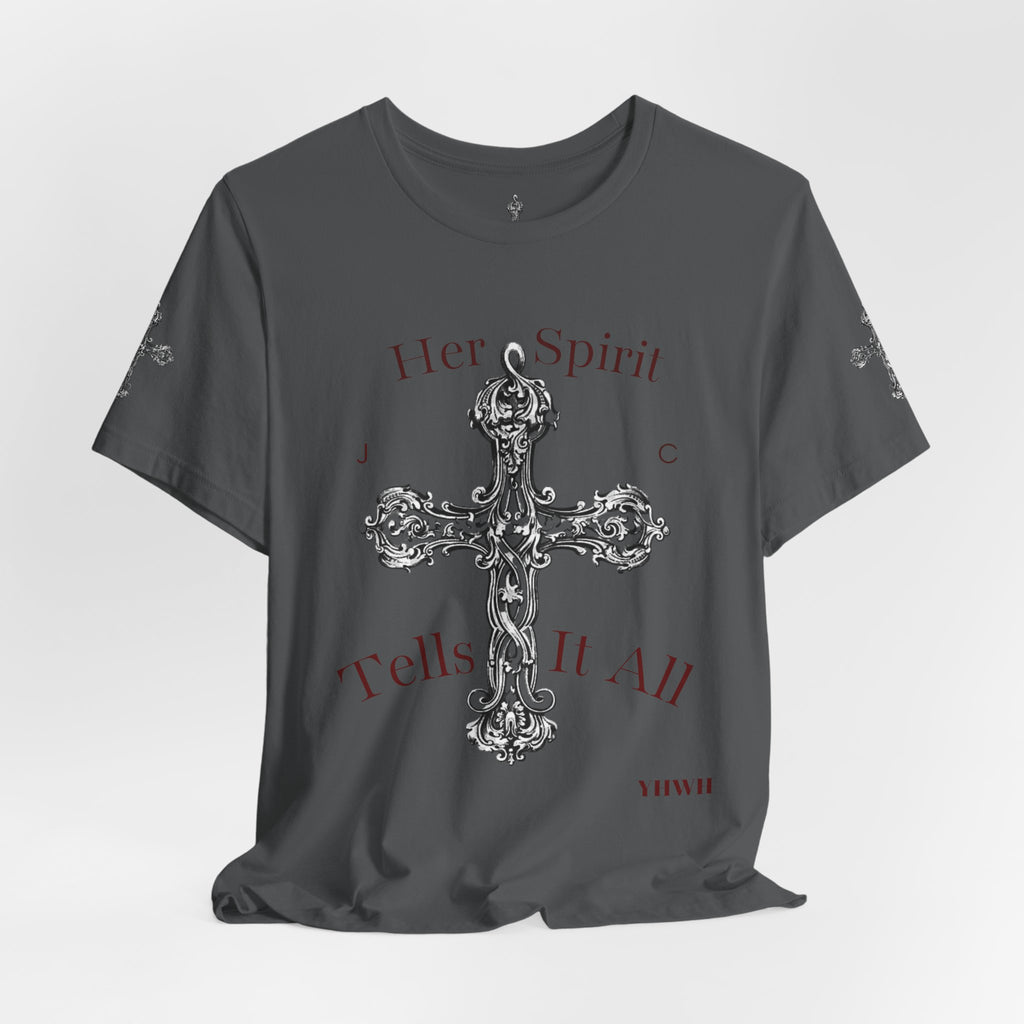 Her Spirit Tells It All Cross Tee — Christian Inspirational Short Sleeve Shirt