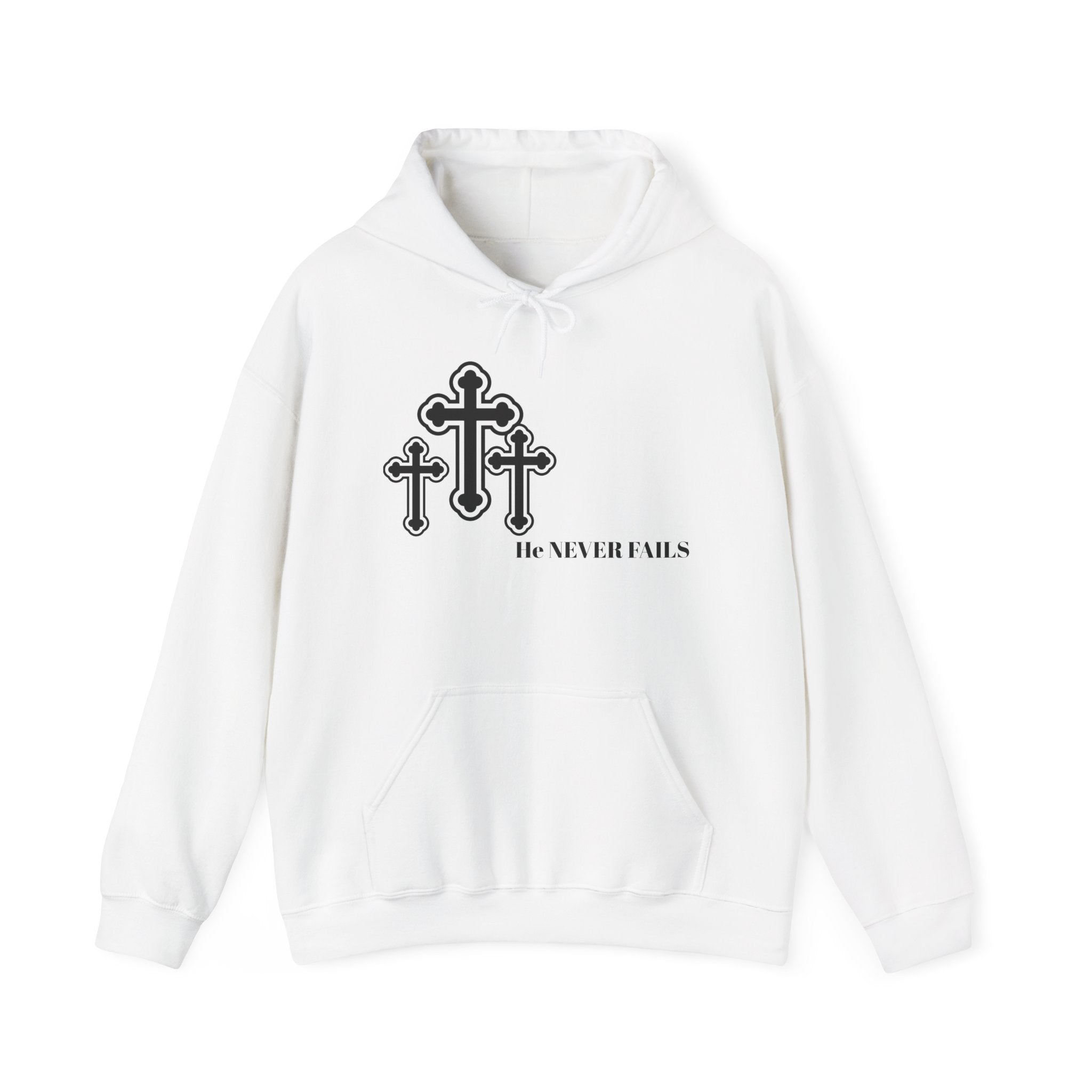 Christian Cross Hoodie — 'He Never Fails' Faith Pullover