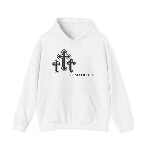 Christian Cross Hoodie — 'He Never Fails' Faith Pullover