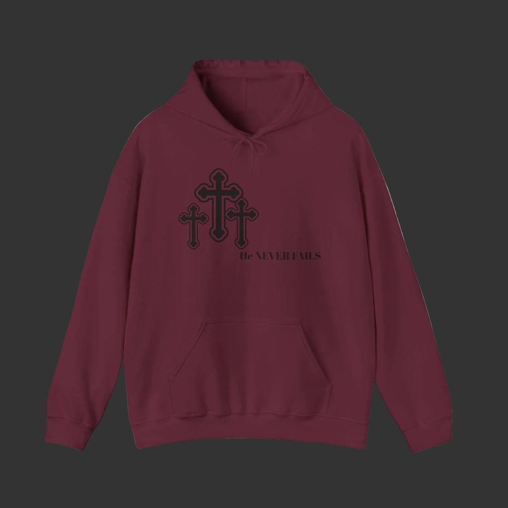 Christian Cross Hoodie — 'He Never Fails' Faith Pullover