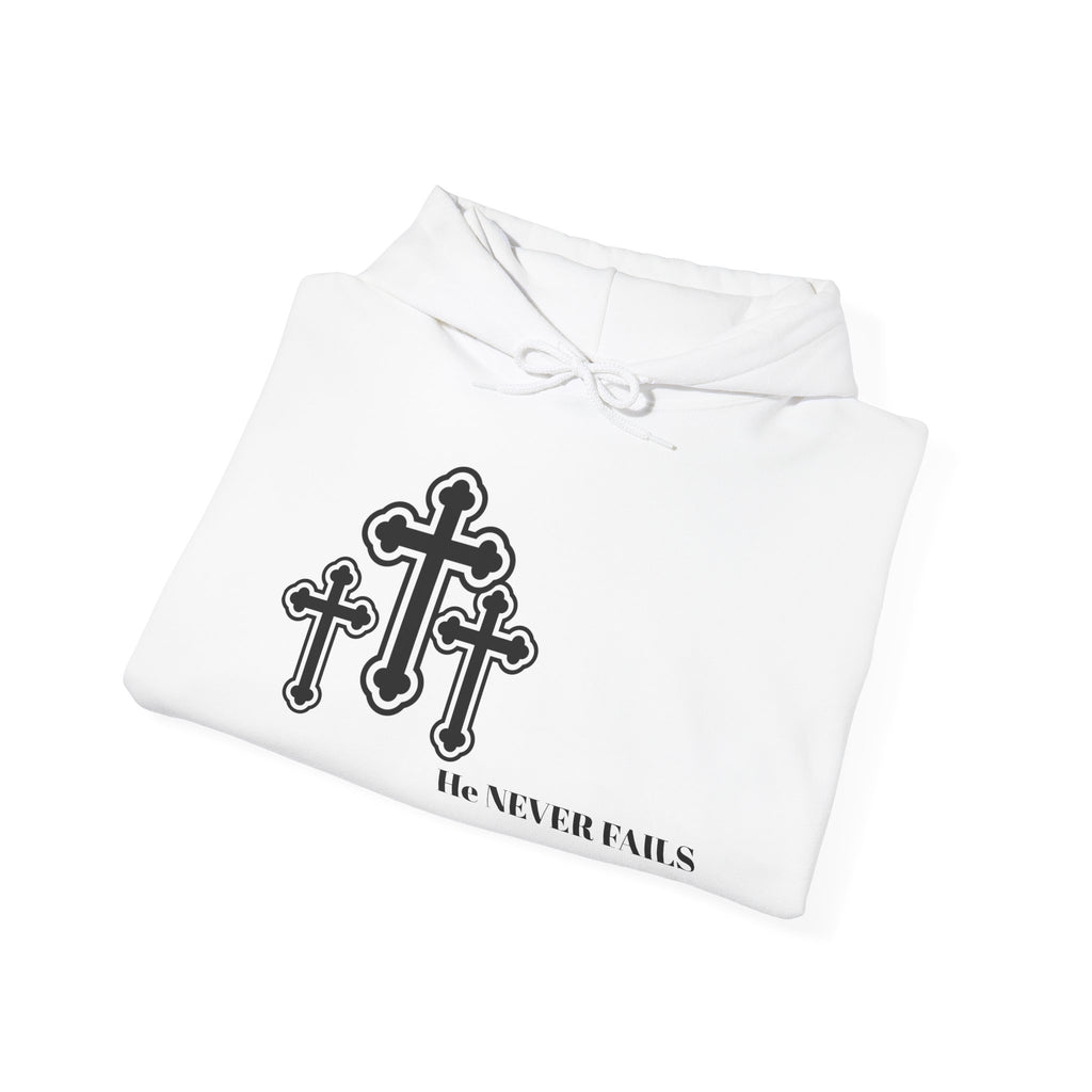 Christian Cross Hoodie — 'He Never Fails' Faith Pullover