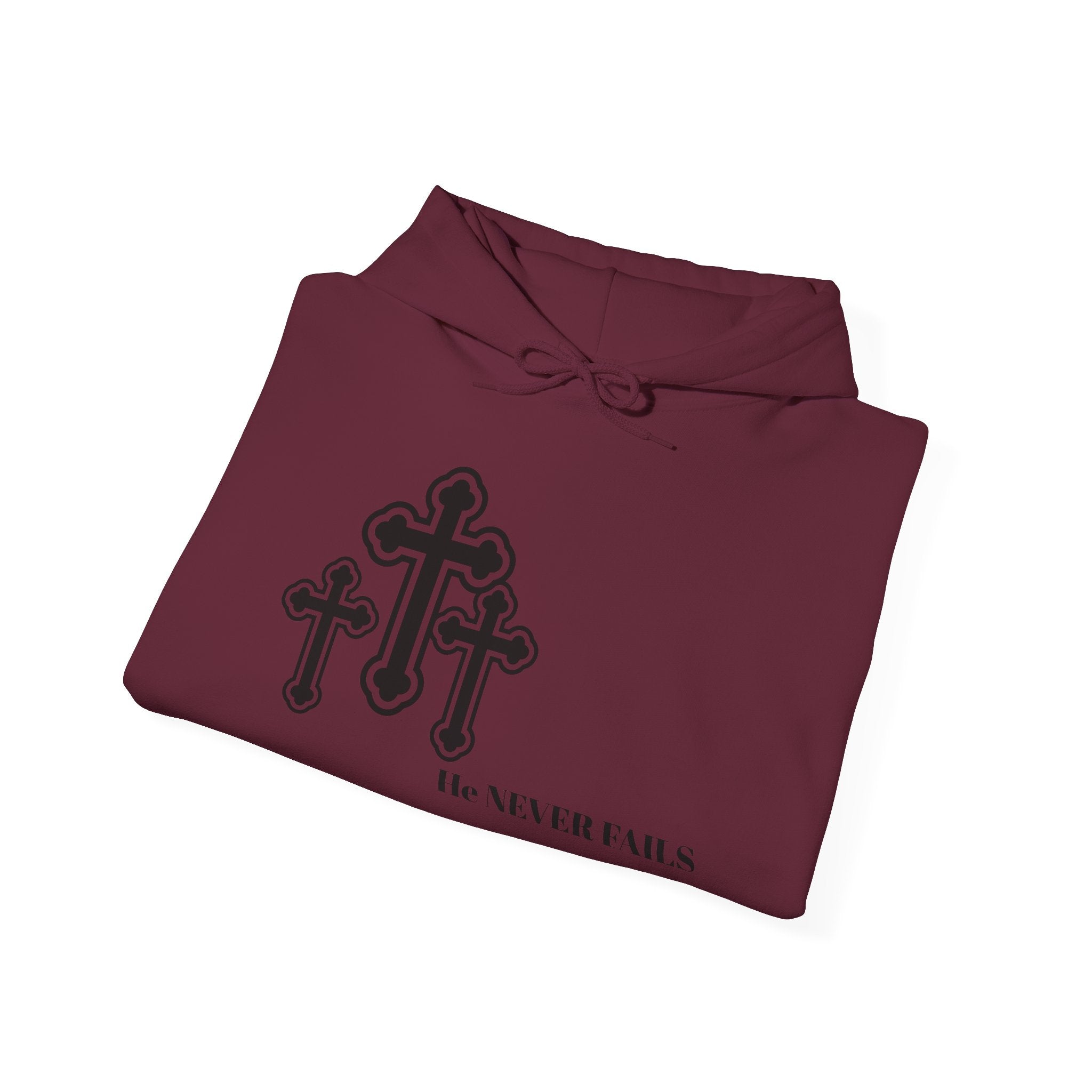 Christian Cross Hoodie — 'He Never Fails' Faith Pullover