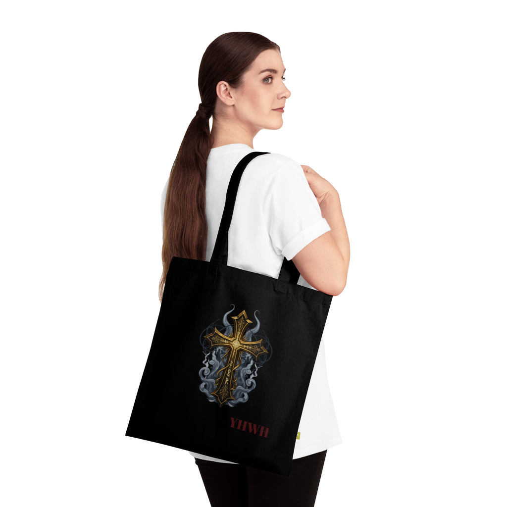 YHWH Gold Cross Tote Bag — Smoky  Religious Organic Cotton Tote