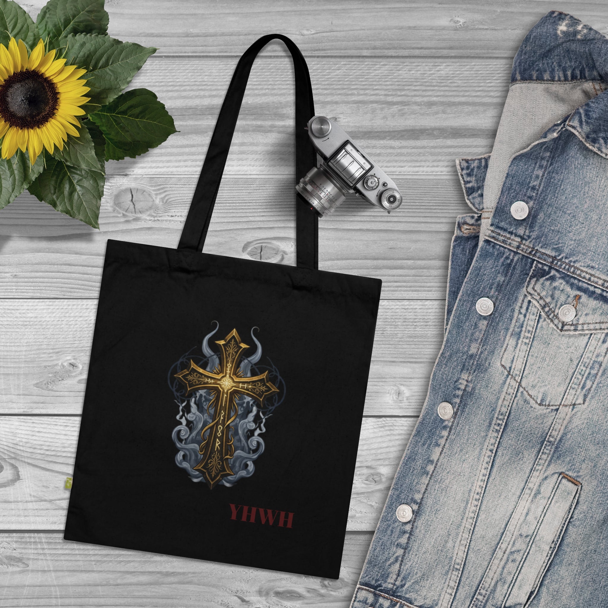 YHWH Gold Cross Tote Bag — Smoky  Religious Organic Cotton Tote